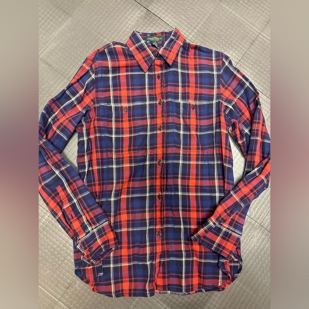 RALPH LAUREN JEANS WOMENS SIZE SMALL BUTTON UP LONG SLEEVE DRESS SHIRT RED/NAVY